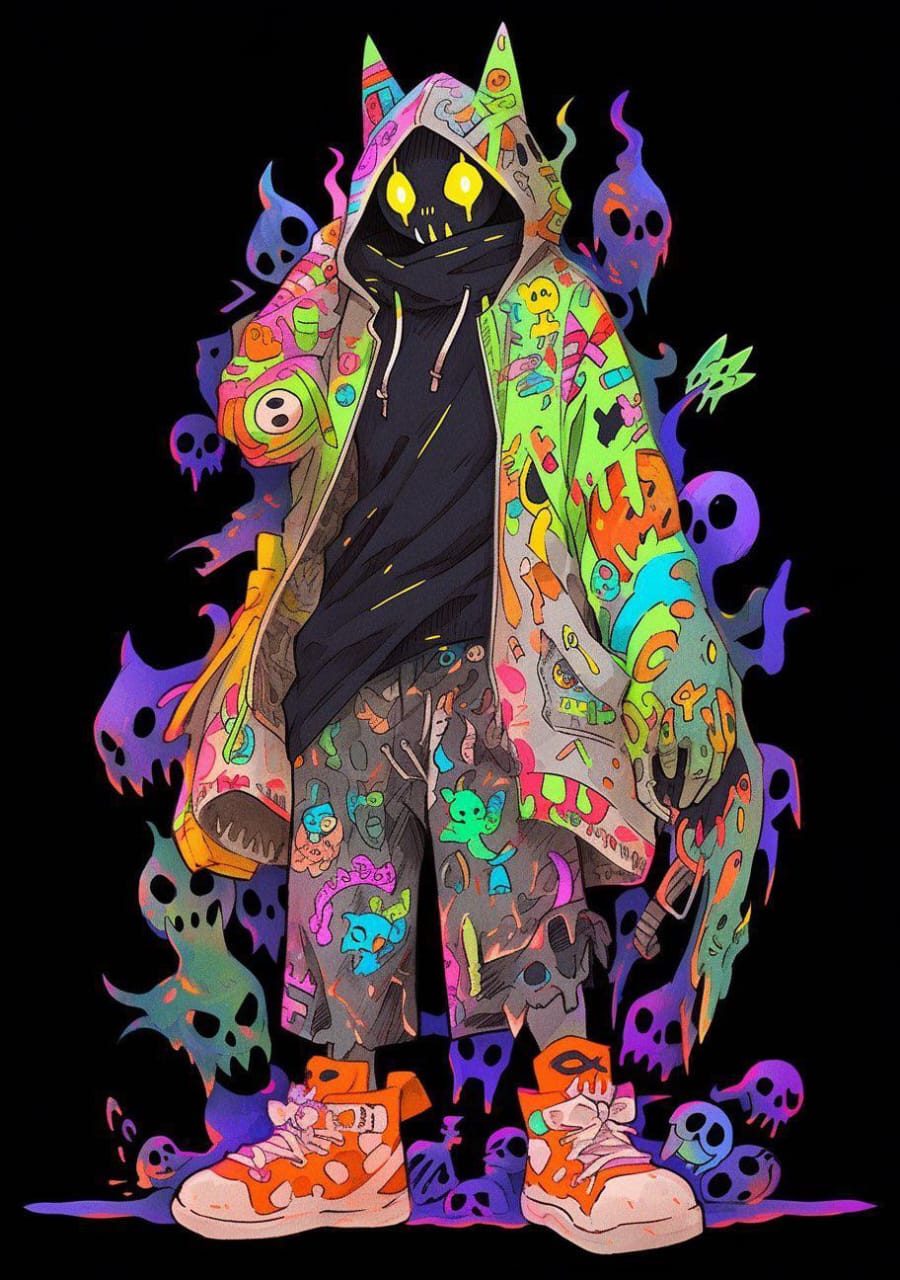 Ilustración colorida de un personaje con capucha